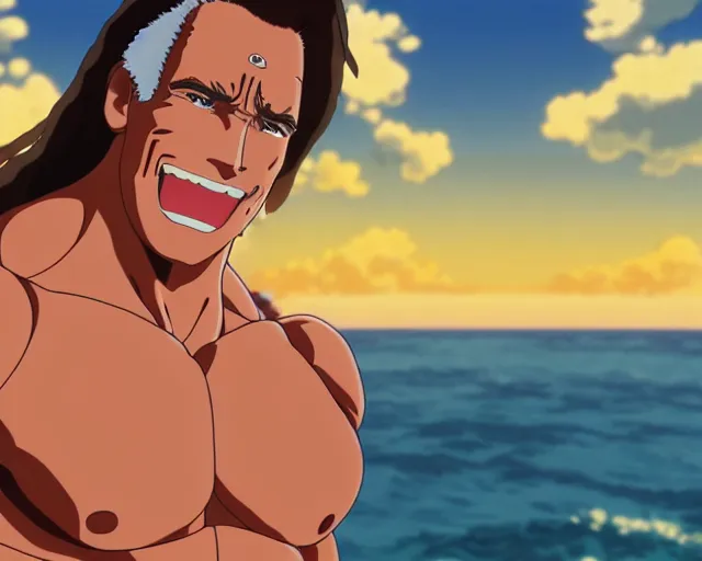 Image similar to anime fine details portrait of joyful Arnold Schwarzenegger at beach anime masterpiece by Studio Ghibli. 4k render.