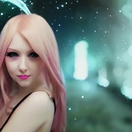 Prompt: photograph of a woman who looks like lux from league of legends