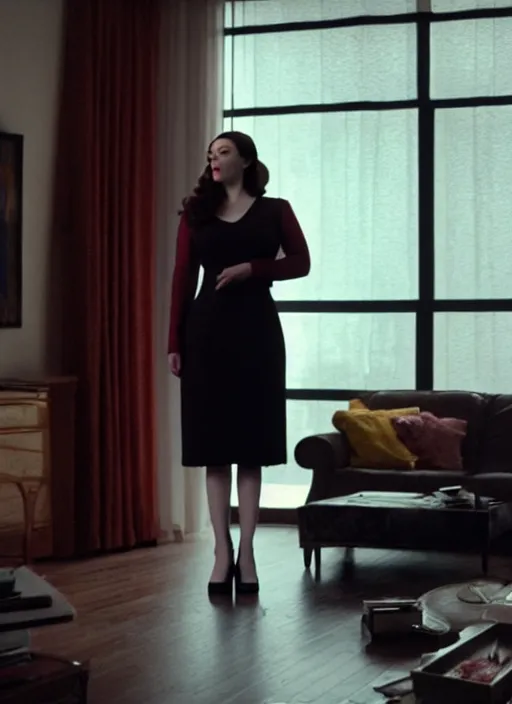 Image similar to Kat Dennings standing in the living room, film still from the movie directed by Denis Villeneuve with art direction by Salvador Dalí, wide lens, 4K, realistic