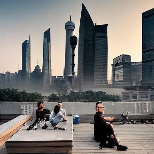 Image similar to a small rooftop with a couple of people sitting and watching the view, wearing black modern clothes, messy hair, modern shanghai bund in smog is on the background, sunset, pale colors, by gregory crewdson