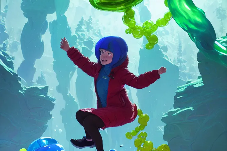 Image similar to madeline from celeste jumping into a green jelly bubble wearing a blue bubble jacket has a red long hair, highly detailed, digital painting, artstation, concept art, sharp focus, illustration, art by greg rutkowski and alphonse mucha