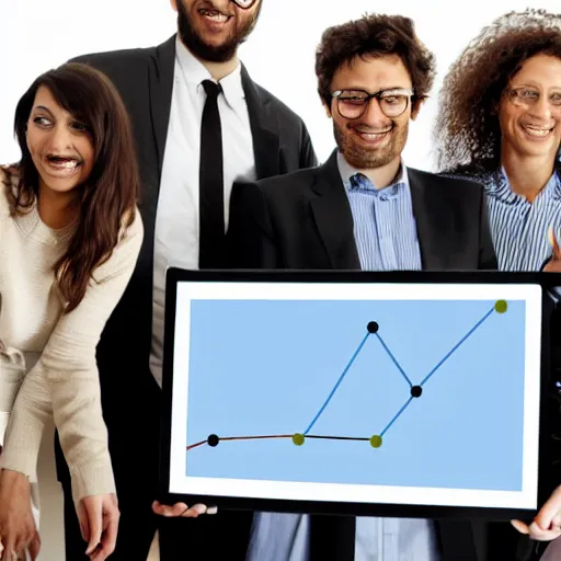 Image similar to An award-winning photograph of a group of data scientists presenting some terrible graphs to the laughing CEO