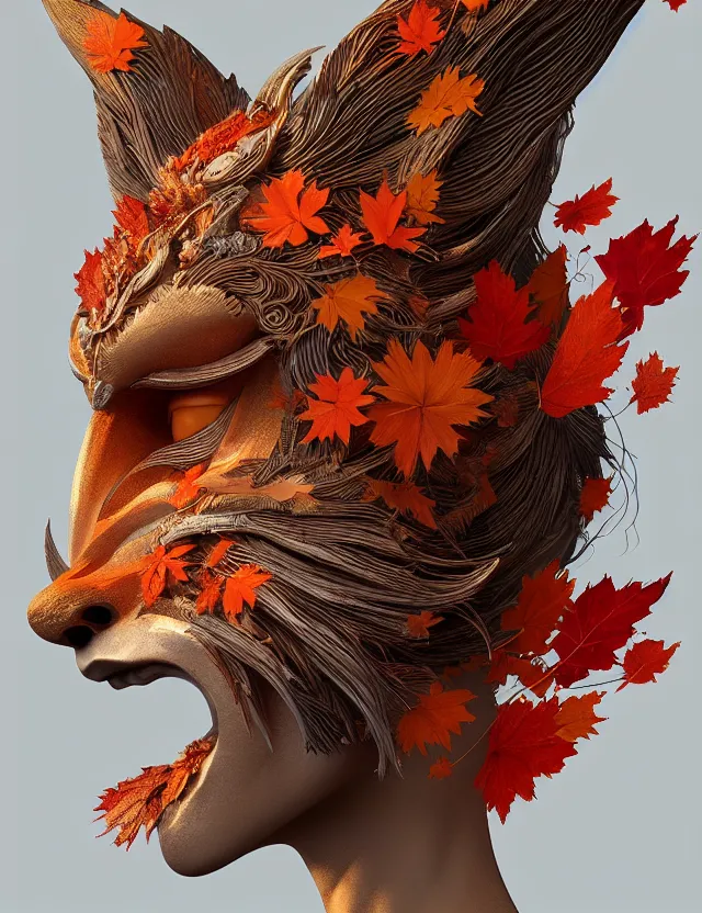Image similar to 3 d goddess close - up profile portrait. beautiful intricately detailed japanese autumn fox mask, fall leaves, phoenix, dried plants, wind, creature, artwork by tooth wu and wlop and beeple and greg rutkowski