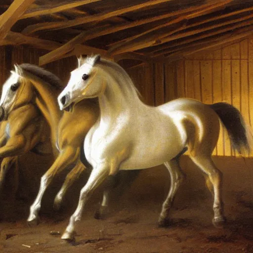 Prompt: Stable diffusion horses in a stable, by Albert Bierstadt and Clyde Aspevig