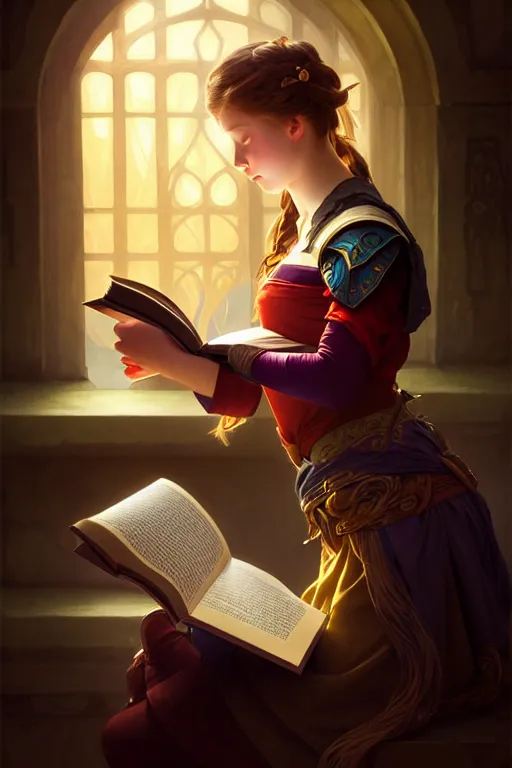 Image similar to photography alexey kurylev, a girl reading a book, gentle, deep focus, d & d, fantasy, complex, elegant, highly detailed, digital painting, artstation, concept art, matte, clear focus, illustration, hearthstone, artgerm art, greg rutkovsky and alphonse mucha