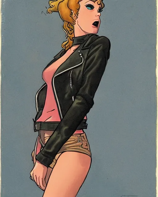 Image similar to young female protagonist in leather jacket, city street, artwork by ralph bakshi