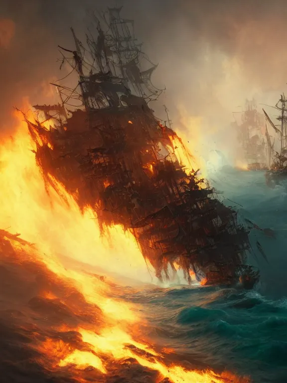 Prompt: photo of 8k ultra realistic pirate ghost ship on fire, full of colour, cinematic lighting, battered, trending on artstation, 4k, hyperrealistic, focused, extreme details,unreal engine 5, cinematic, masterpiece, art by Peter Mohrbacher