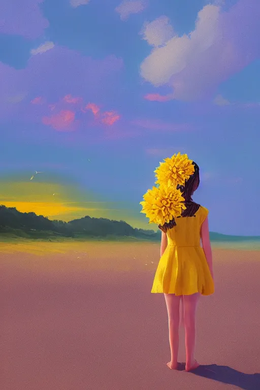 Image similar to closeup girl with huge yellow dahlia flower face, on the beach, surreal photography, blue sky, sunrise, dramatic light, impressionist painting, digital painting, artstation, simon stalenhag