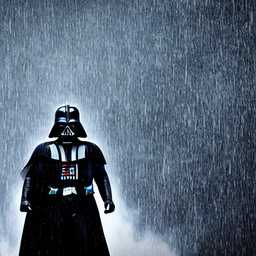 Image similar to darth vader screaming to the sky, fine details, heavy rain, 8 k, shallow depth of field, moody lighting, cinematic lighting,