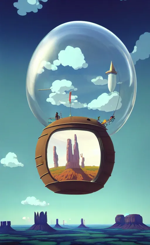 Image similar to a scary hyperrealist painting of a rocketship in a giant transparent cubic bubble from howl's moving castle ( 2 0 0 4 ) in a flooded monument valley stonehenge jungle. depth perception, 4 k, artstation, in the style of studio ghibli