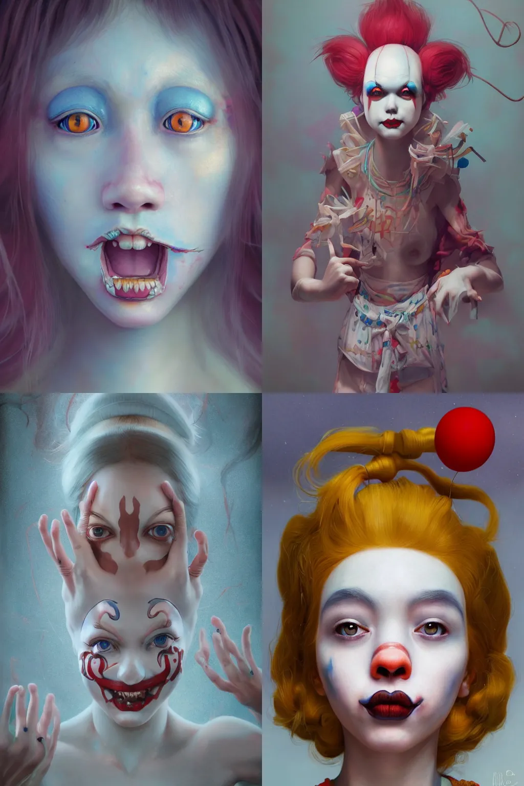 Prompt: breathtaking detailed painting of clown girl , with anxious, piercing eyes, Atari game cover art by Hsiao-Ron Cheng, James jean, Miho Hirano, Hayao Miyazaki, extremely moody lighting, hyperrealistic, octane render, ambient light, dynamic lighting