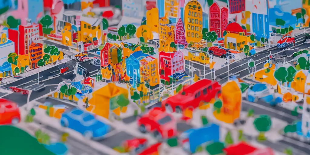 Image similar to paper craft diorama of a colorful city with people and cars