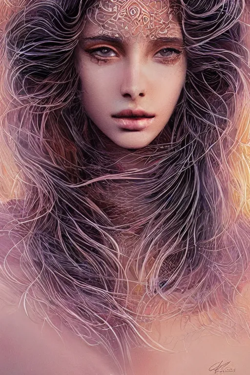 Image similar to one beautiful young woman's face, magical, windblown, intricate, synth-wave, retrowave, highly-detailed, elegant, dramatic lighting, gorgeous face, lifelike, photorealistic face, long luxurious intricate gown, digital painting, artstation, illustration, concept art, smooth, sharp focus, art by Craig Russel, Barry Smith, artgerm, and Albert Aublet and Krenz Cushart and Artem Demura and Alphonse Mucha