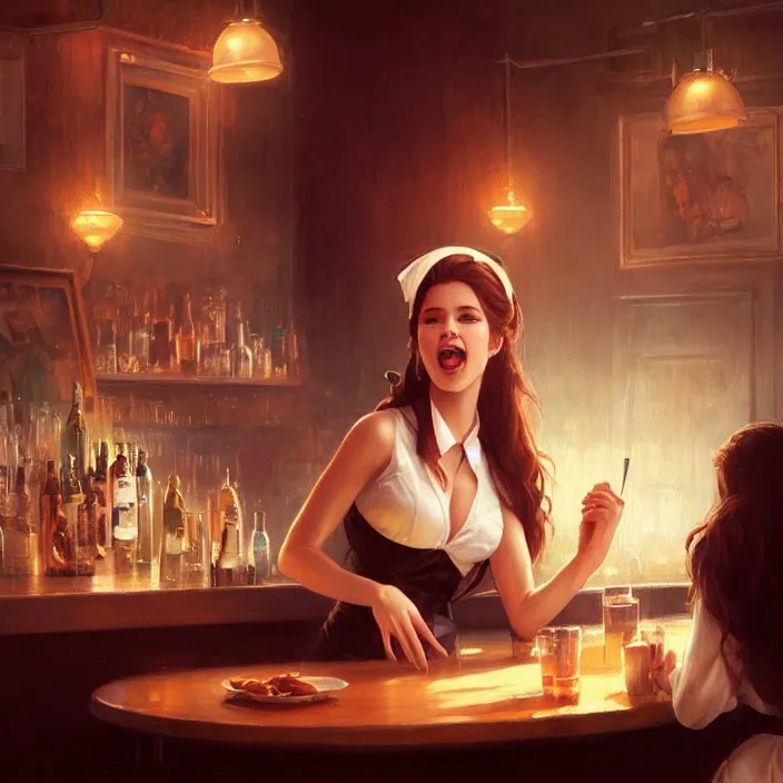 Image similar to a waitress singing on a table in a bar, elegant, real life skin, intricate artwork, high detailed, artstation, concept art, smooth, sharp focus, art by artgerm and greg rutkowski