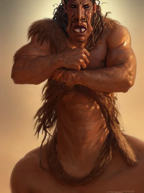 Prompt: portrait of a brown desert troll, looking at camera, d & d, large muscular savage warrior, cloth attire, short aztec hair, large noses, intricate, fantasy, extremely detailed, digital painting, artstation, concept art, smooth, sharp focus, illustration, ambient lighting, art by artgerm and greg rutkowski and alphonse mucha and simon stalenhag