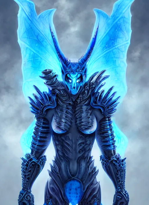 Image similar to muscular and tall blue ghostly fire humanoid dragon!!!! draconian!! intricate ornate iridescent heavy armor!! character concept art, sharp focus, octane render! unreal engine 5! highly rendered!! trending on artstation!! detailed linework!! illustration by artgerm, wlop, and chie yoshii