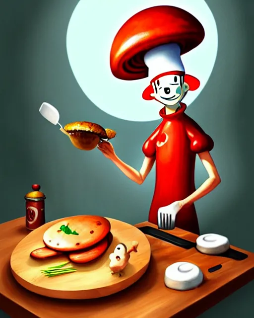 Prompt: an anthropomorphic mushroom chef cooking a meal, fantasy illustration, detailed digital painting, trending on artstation