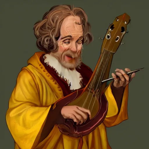 Image similar to anthropomorphic nymphicus hollandicus bard, yellow robe, playing a mandolin, digital art, d & d, character art, trending on artstation