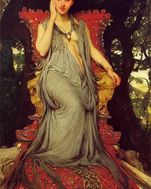 Image similar to an illustration of a queen on a throne at night by frederick arthur bridgman, by georgia o keeffe, by gustave moreau, by bouguereau, realistic, detailed, oil painting, 1 9 th