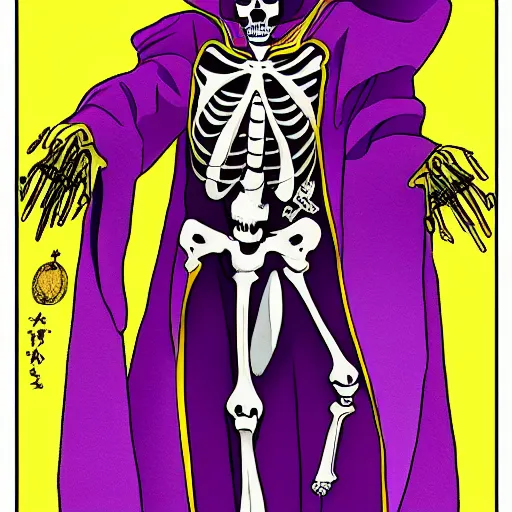 Image similar to a skeleton in a purple robe, golden magical shoulder pads, in a hood, a red magic sphere in the chest, he stands next to the golden throne, manga, anime overlord, hand drawn, proportions, 2d