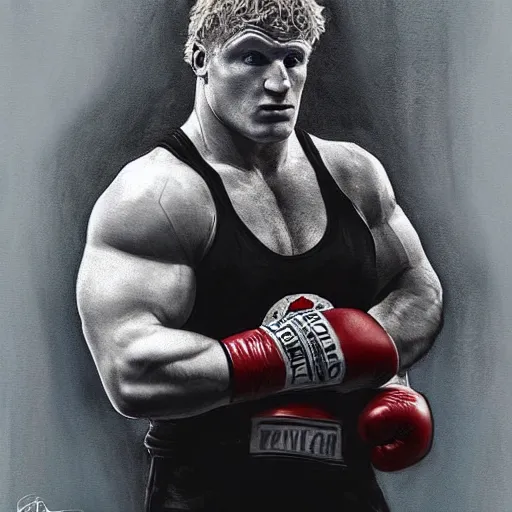 Image similar to brock lesnar in a boxing match with logan paul, artstation hall of fame gallery, editors choice, #1 digital painting of all time, most beautiful image ever created, emotionally evocative, greatest art ever made, lifetime achievement magnum opus masterpiece, the most amazing breathtaking image with the deepest message ever painted, a thing of beauty beyond imagination or words, 4k, highly detailed, cinematic lighting