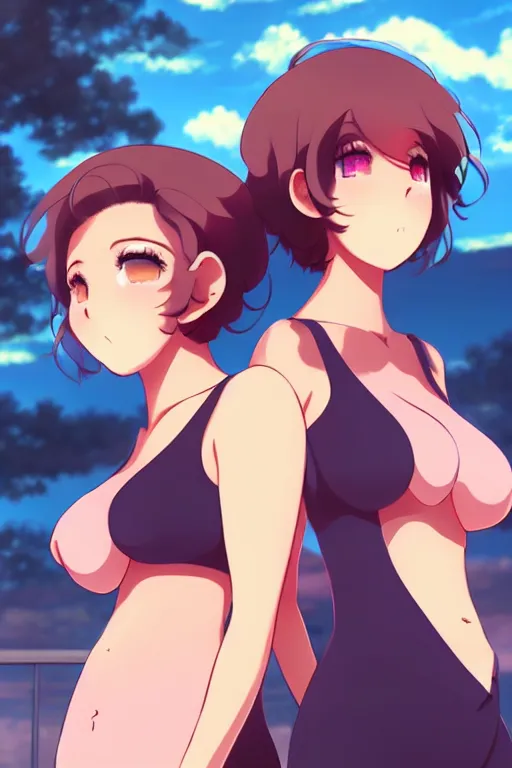 Prompt: two beautiful mothers with short hair outside on a hot summer evening, gorgeous faces, thick lines, cinematic lighting, detailed anime art