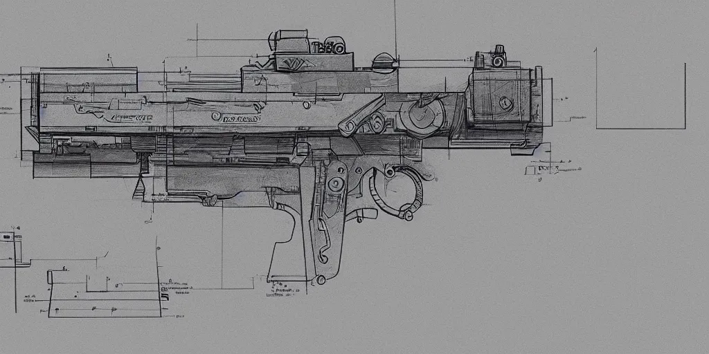 Image similar to blueprint of a laser space gun, technical draw, concept art, very detailed, 3 5 mm