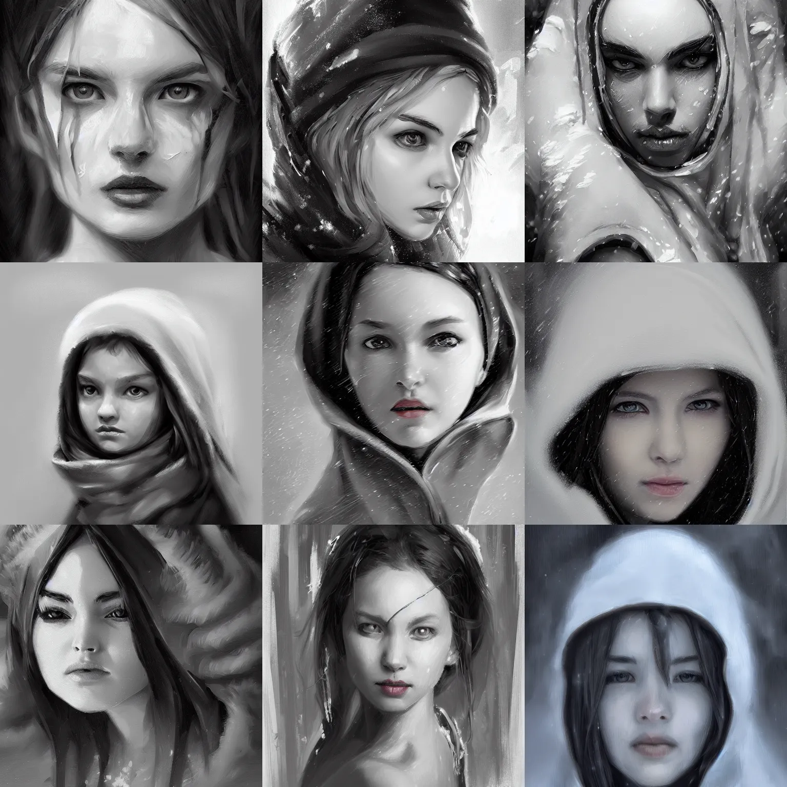 Prompt: snow, concept art oil painting, black and white portrait fantasy by jama jurabaev, extremely detailed, brush hard, artstation