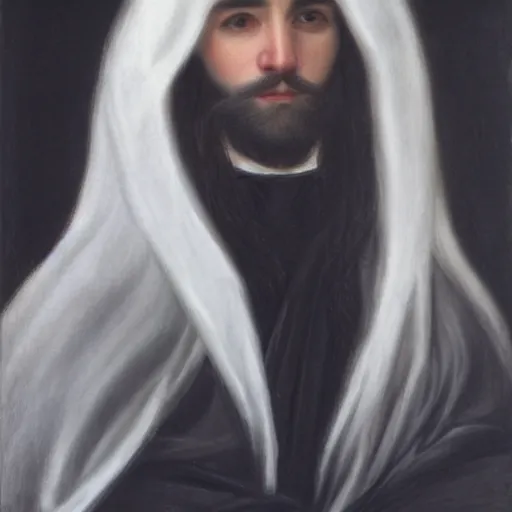 Prompt: portrait of a man with white long hair in black cloak