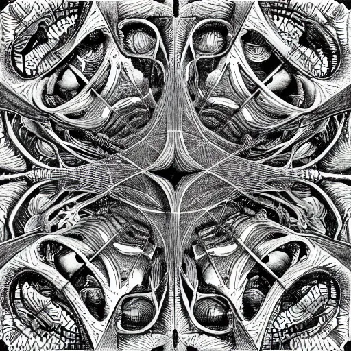 Image similar to skulls, hyperbolic tesselation by mc escher and jamnitzer and gustave dore