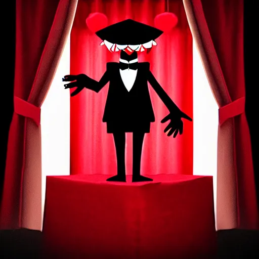 Image similar to puppet master in tuxedo behind a red curtain, capitalism, dark ambiance, in the style of love death robots