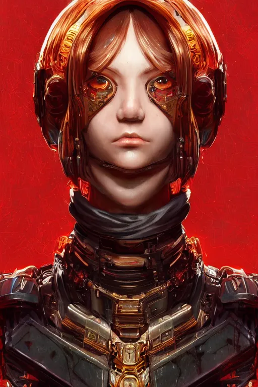 Image similar to Portrait of a cyberpunk cyborg , D&D, sci fi fantasy, intricate, gold and red, richly detailed colored , art by Range Murata, highly detailed, 3d, octane render, bright colors, digital painting, trending on artstation, sharp focus, illustration style of Stanley Artgerm,