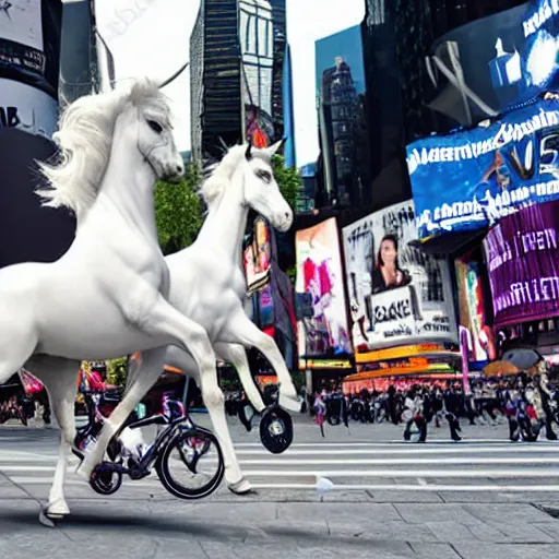 Image similar to two whitw unicorns riding bikes in time square, photoreal