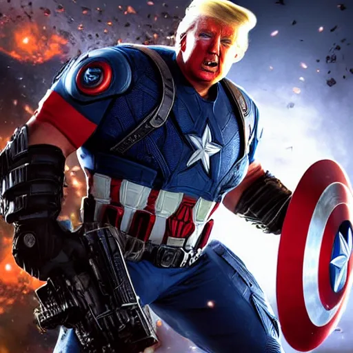 Image similar to Portrait! of President Donald Trump as ((captain america)) in Gears of War, splash art, movie still, cinematic lighting, dramatic, octane render, long lens, shallow depth of field, bokeh, anamorphic lens flare, 8k, hyper detailed, 35mm film grain