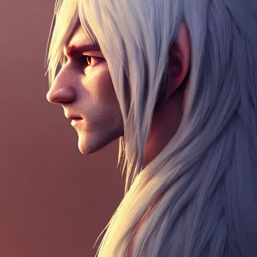 Image similar to a highly detailed male elf in full length, with white long hair, white clothes, bright blue eyes, artstation, DeviantArt, professional, octane render