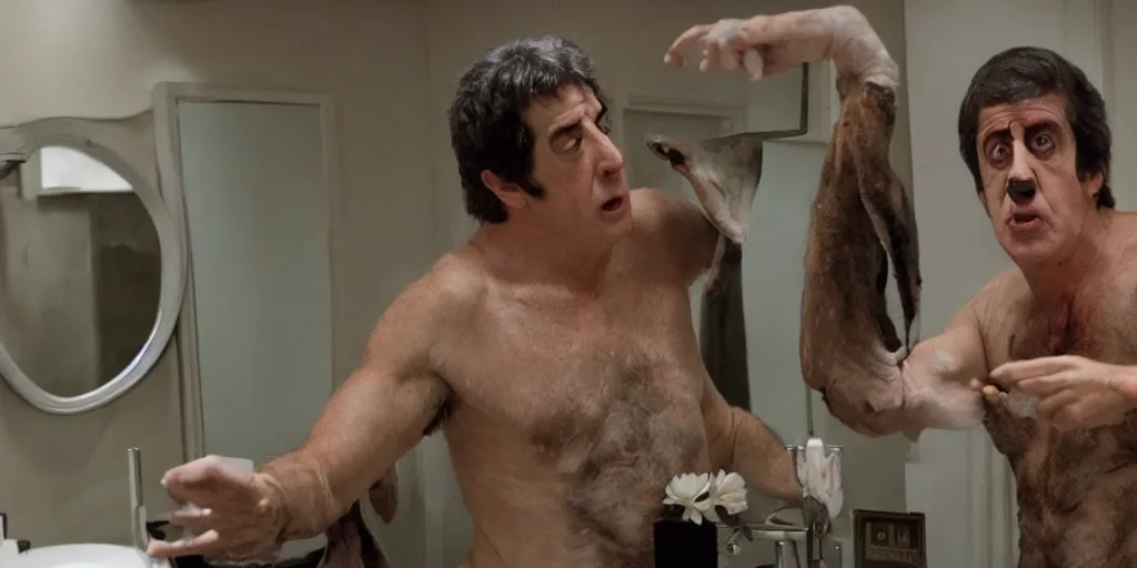 Image similar to david naughton, as david kessler from an american werewolf in london, looks at himself in a bathroom mirror to see his reflection as a monstrous wolf man, hyperreal, rick baker makeup