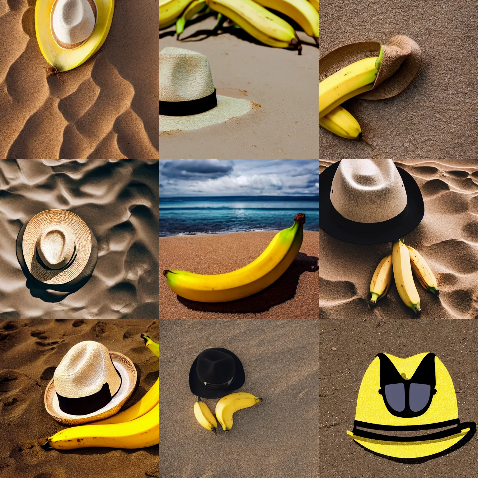 Prompt: a photo of a banana with a fedora on the beach, hyperdetailed