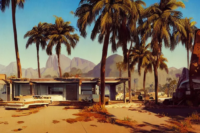 Prompt: natural american landscape | abandoned motel | palm trees | snowy mountains, painting by syd mead and weta studio and james jean, frank frazetta, highly detailed, rule of third, soft lighting, 8 k resolution, oil on canvas, architectural magazine, beautiful detailed, insanely intricate details, artstation trending, hypermaximalistic, high details, cinematic