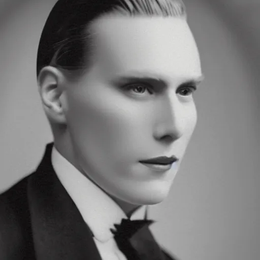 Image similar to A photograph portrait of Jerma985 with slicked back hair in the early 1900s, taken in the early 1900s, grainy, taken on a early 1900s Kodak Camera, realistic, hyperrealistic, very realistic, highly detailed, very detailed, extremely detailed, detailed, digital art, trending on artstation