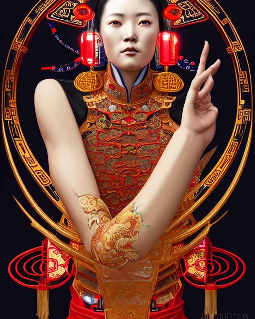 Image similar to portrait of a chinese cyberpunk machine, machine face, arms, upper half portrait, decorated with chinese opera motifs, regal, asian, fine china, wuxia, traditional chinese art intricate intense elegant 京 剧 highly detailed digital painting artstation concept art smooth sharp focus illustration, art by artgerm and greg rutkowski alphonse mucha 8 k