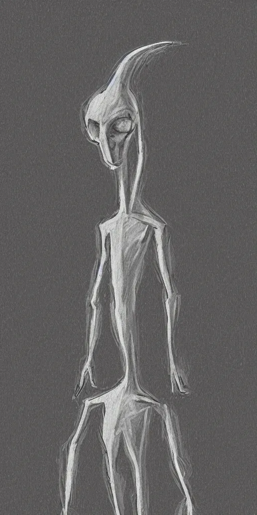 Image similar to impressionist sketch of an alien came to earth, nighttime, weird, elegant, panorama, character is small