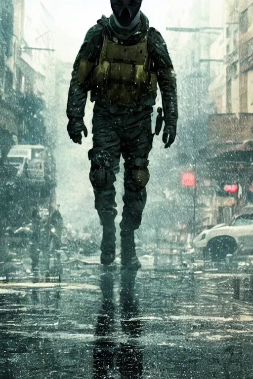 Prompt: cinematic shot of a humanoid fox double agent for the cia walking through a decimated city. realistic. rainy. dramatic lighting.