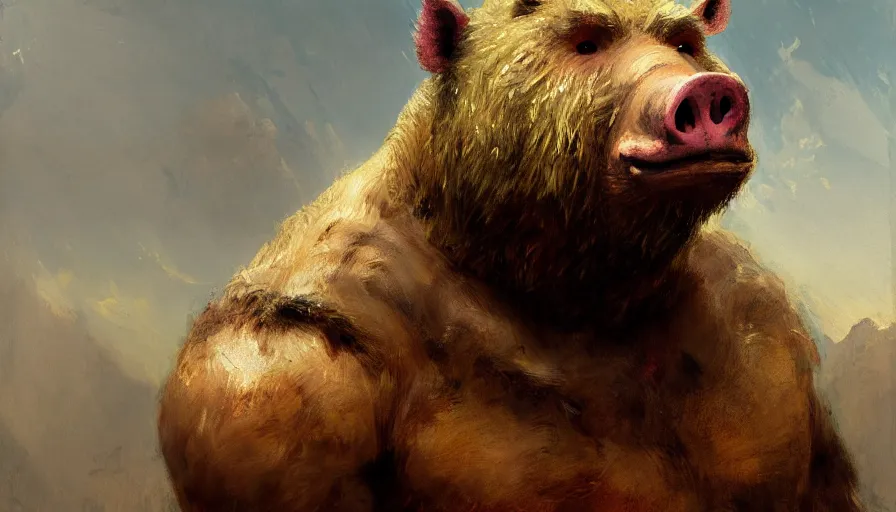 Prompt: highly detailed painting of a humanoid half bear half man pig creature by william turner, by greg rutkowski, by william constable, thick brush strokes and visible paint layers, 4 k resolution