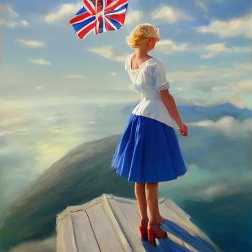 Prompt: 1950s blonde standing on top of Norwegian fjord, norway flag and sky blended, atmospheric, dreamy, painting by Vladimir Volegov