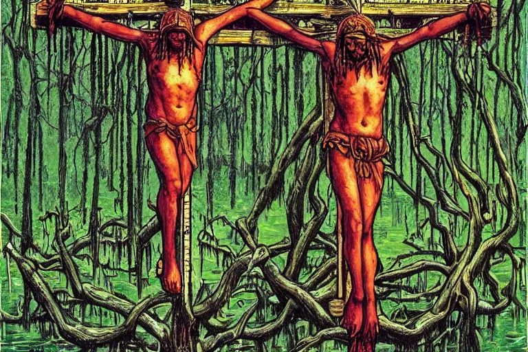 Prompt: scene from louisiana swamps, secret voodoo cult, crucifixion on a tree, artwork by jean giraud