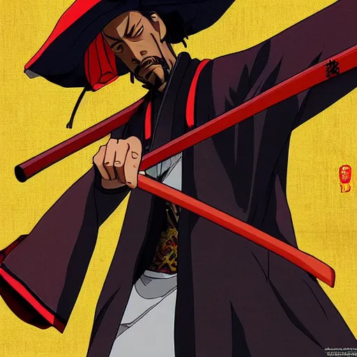 Prompt: Snoop dogg samurai Champloo Champloo defensive stance with katana, in style of samurai anime, artsation, close up