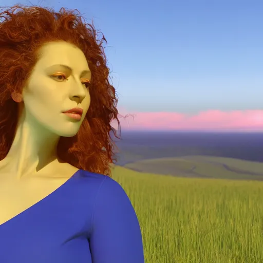 Image similar to silhouette profile of woman with flowing hair overlooking an expansive green hillside while leaves and a blue-yellow sky beam, extremely moody lighting, glowing light and shadow, atmospheric,, complex,symmetrical , 3-point perspective, high resolution, PBR, path tracing, volumetric lighting, octane render, arnold render