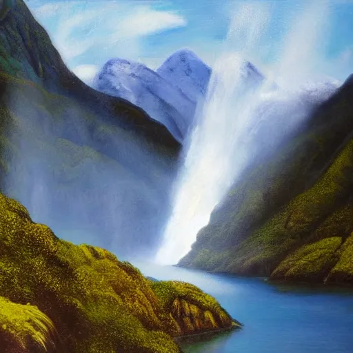 Prompt: new zealand doubtful sound, epic landscape oil painting, low camera angle, waterfall, golden hour