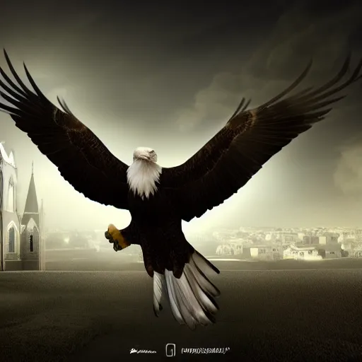 Image similar to A extremely realistic eagle with high detail night vision goggles, standing on a big church, sharp claws, full body, cloudy, midnight, smoke, ultra high detail digital art, trending on Artstation