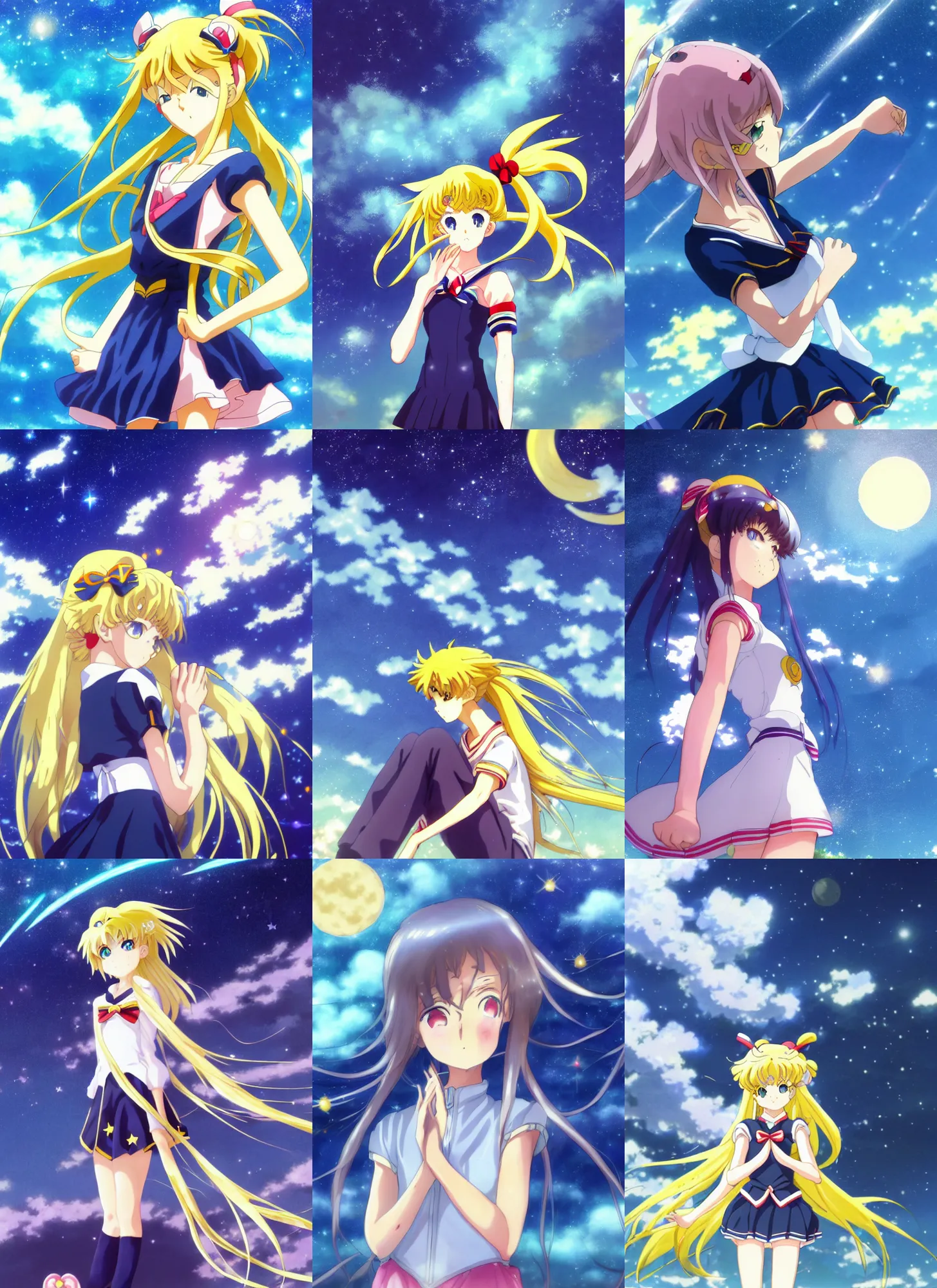 Prompt: beautiful anime art by Makoto Shinkai, Rating: General, Tags: blonde hair, sailor moon, sailor moon!!!!!!!!, kachin bishoujo_senshi_sailor_moon, sailor_moon tsukino_usagi highres 1girl blue_eyes ,pointing ,sky ,solo, star(sky) starry_sky, twintails white_gloves, charlie bowater, artgerm, Cushart, Krenz